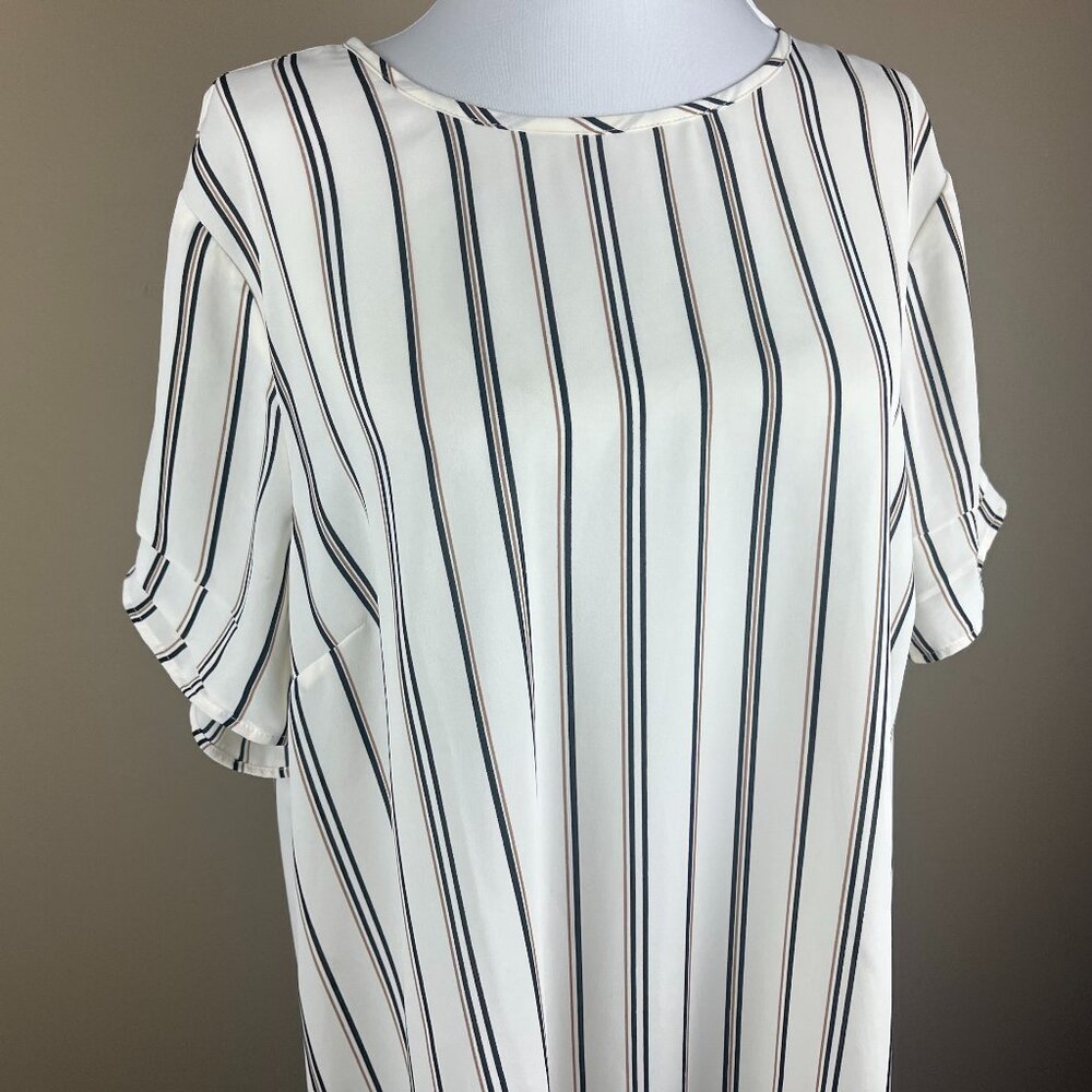 DR2 Short Sleeve Tunic Blouse Size XL Cream with Black and Tan Stripes